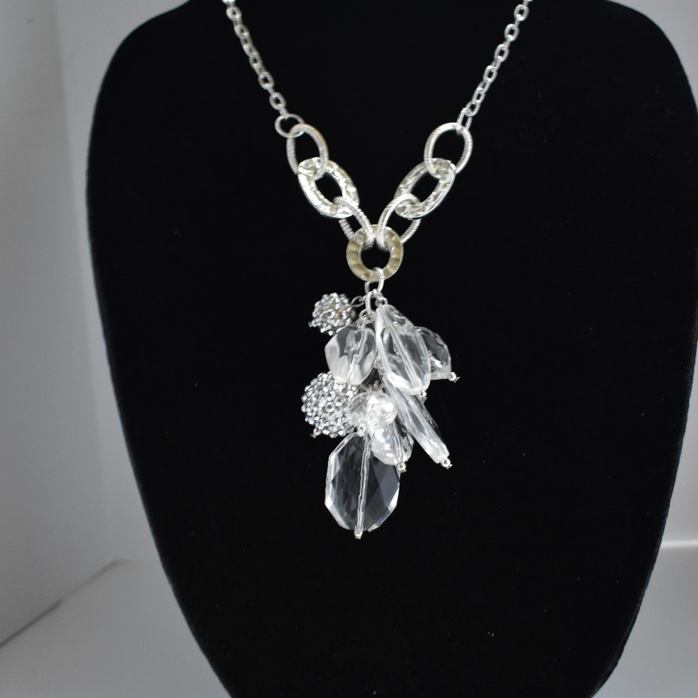 Silver and Clear White Lucite Drop Beaded Necklace